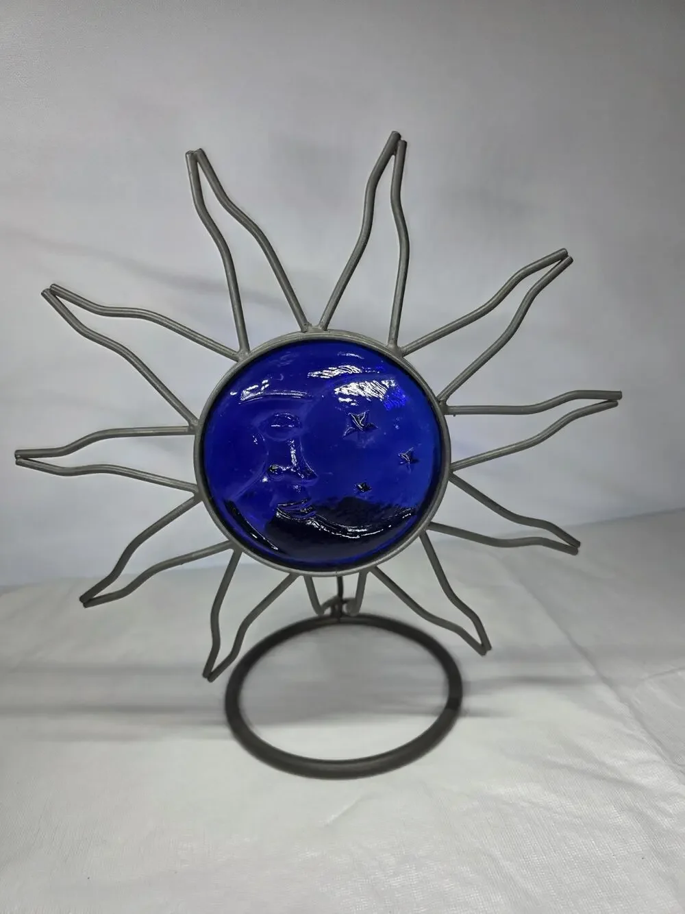 Vintage Blue Cobalt Glass Wrought Iron Candle Holder Celestial Moon Star Sun Sky